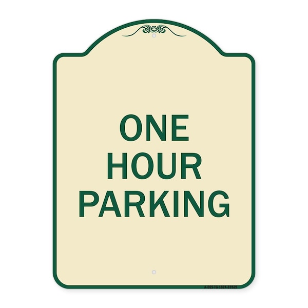 Designer Series One Hour Parking, Tan & Green Heavy-Gauge Aluminum Sign, 24" x 18", TG-1824-23525